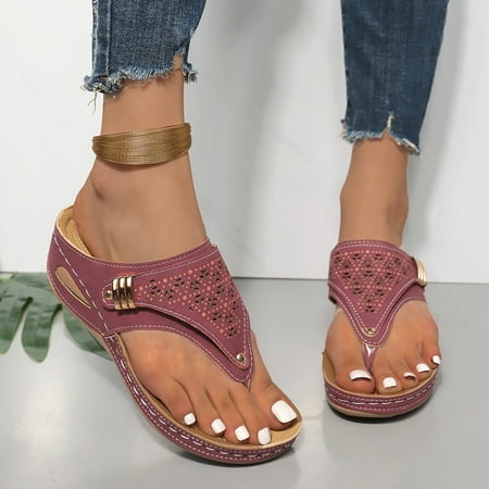 Clearance & Promo Big Size Clip-toe Beach Slippers  Flower Hollow-out Wedges  Fashion Casual  Summer Casual Shoes  Women s Summer Sandals  Comfortable Walking  Easy to Wear  Curvy Fit Jeans|Pu Wine