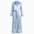 thumbnail image 7 of Xinoom Women's 2 Piece Satin Matching Set, Lapel Button Down Shirt & Drawstring Wide Leg Pants, Elegant Casual Outfit, Gift for Ladies, Dinner Gathering Light Blue,XL, 7 of 7