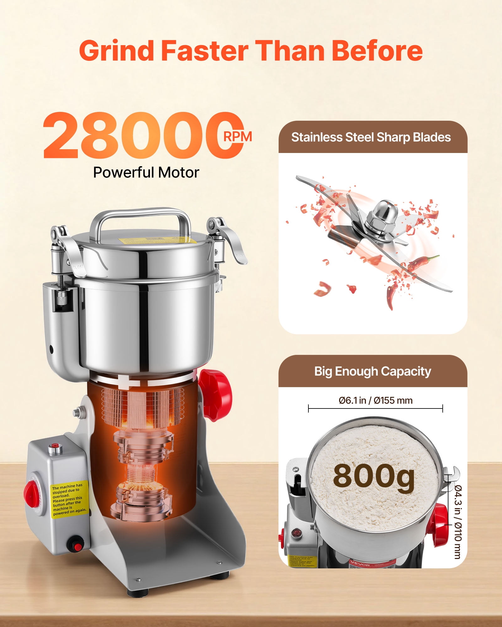 VEVOR Electric Grain Mill Grinder, 1.8 lbs Commercial Spice Grinders, High Speed 2100W Stainless Steel Pulverizer Powder Machine, for Dry Grains, Spices, Cereals, Coffee, Corn & Pepper, Swing Type