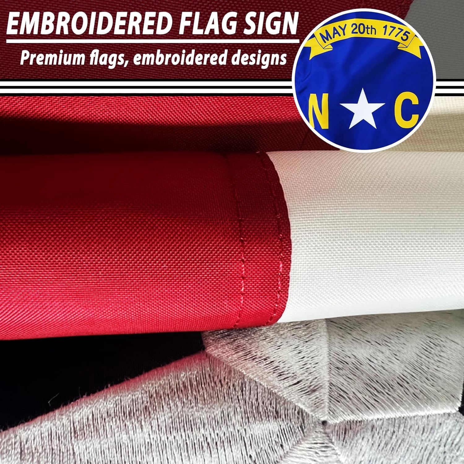 FLAGWIN North Carolina Flag 3x5 FT - Embroidered Polyester North Carolina State Flag with Brass Grommets - Vivid Color and Fade Proof State of NC Flag 3x5 Outdoor