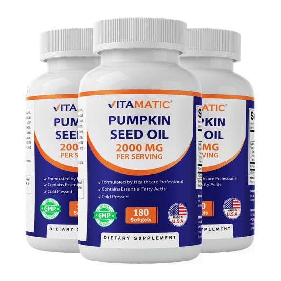 VitamaticUSA Pumpkin Seed Oil 2000mg Softgel Capsules, 3 Pack, 180 Softgels