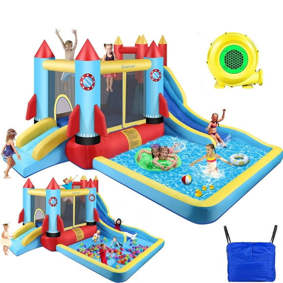 Qhomic 146''x 132'' x 82'' Inflatable Bounce Houses for Kids 3-10 with Blower Double Slide Climbing Wall and Ball Pit/Large Pool Outdoor/Indoor Bouncy House, PVC, Child, Teen, Toddler