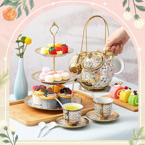 21 Pcs Tea Party Set for Adults European Floral Tea Set with Metal Holder and 3 Tier Ceramic Cake Stand Porcelain Flower Cup Teapot for Dessert Cupcake Christmas Gift(Stylish Style)