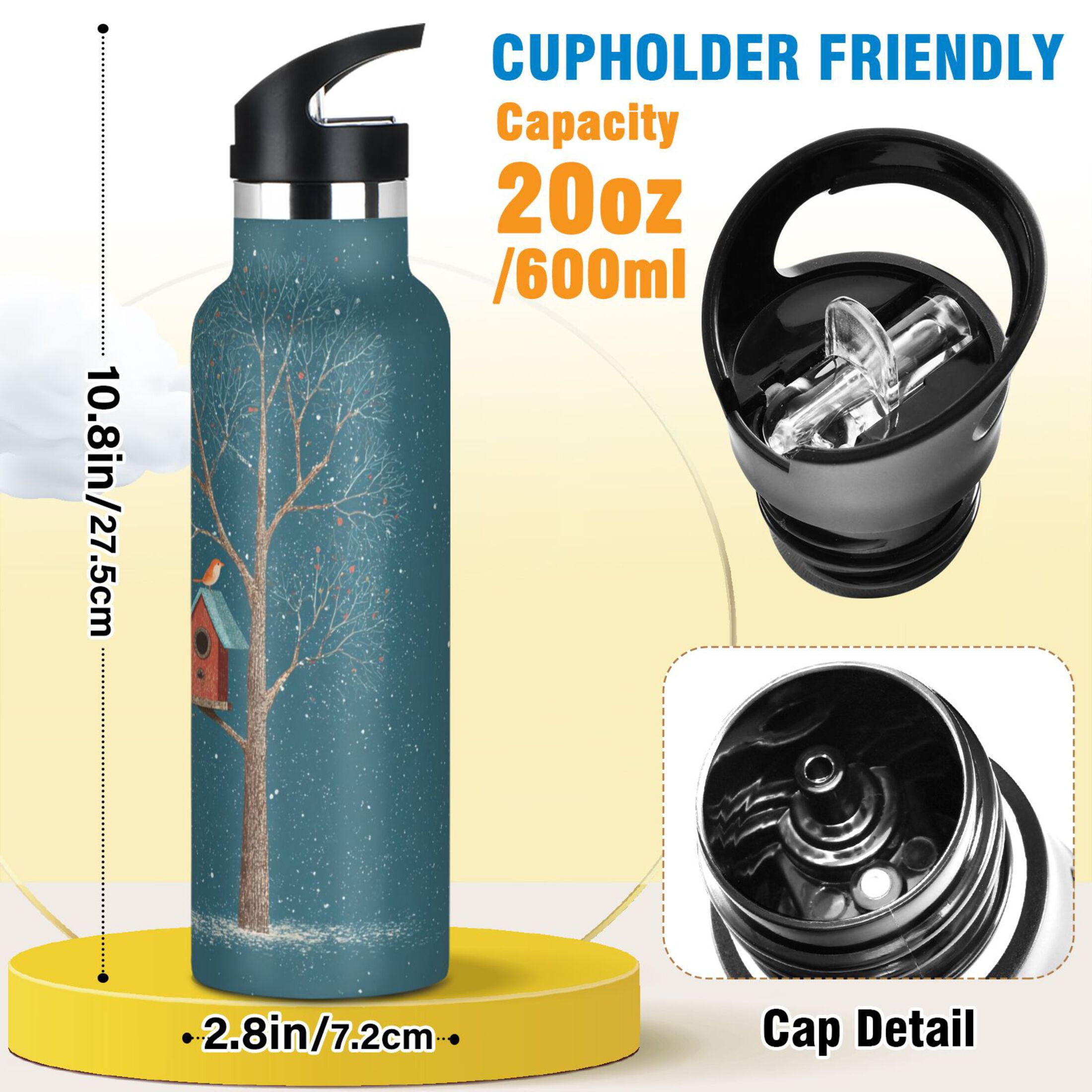 600ML Stainless Steel Insulated Cup Sports Water Bottle Portable Thermos Cup Water Glasses Insulated Tumblers Convenient and Durable Cute Christmas Snowmen and Bird