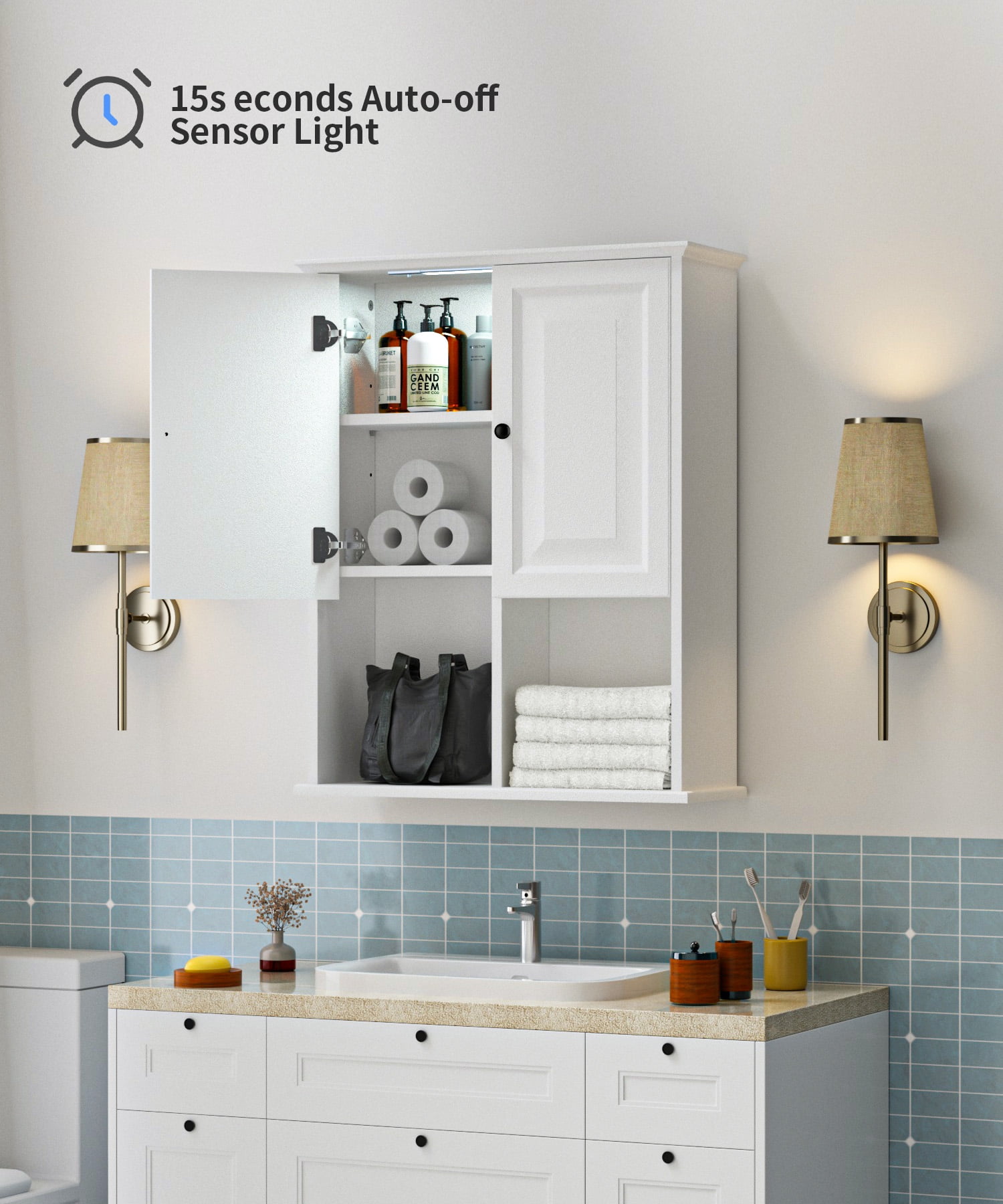 HAIOOU Bathroom Wall Cabinet with Motion Sensor LED Light, Over Toilet Storage Cabinet with Buffering Hinges and Adjustable Shelf (White)