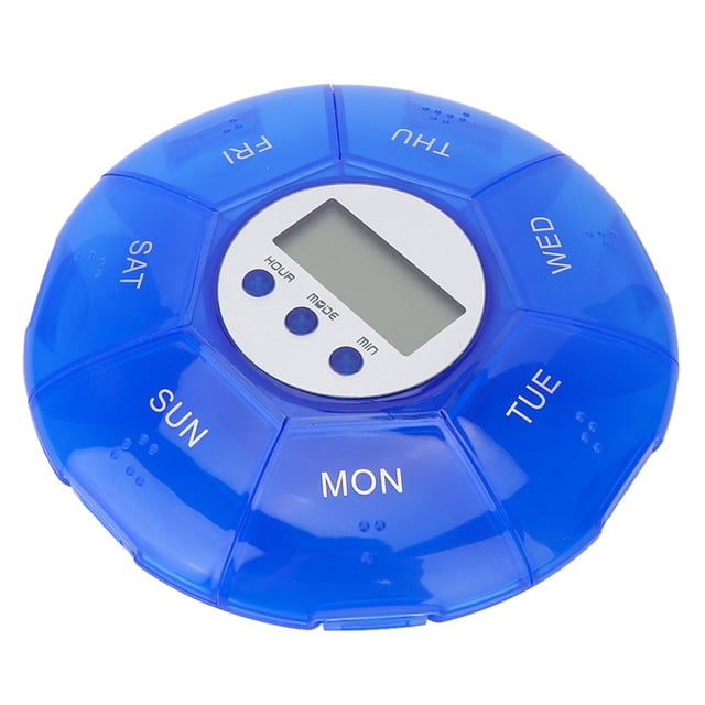 Caja organizadora de almacenamiento de pastillas para tabletas de medicina semanal de 7 rejillas con temporizador (azul)