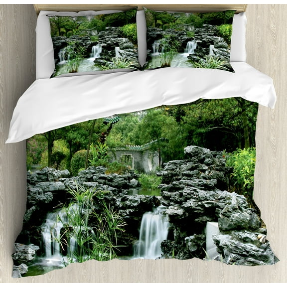 Japanese Duvet Cover Set, Yard Little Lake Between Trees Stones in Autumn Season Natural Wilderness, Decorative 3 Piece Bedding Set with 2 Pillow Shams, Calking Size, Green White, by Ambesonne