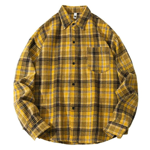 Men's Classic Flannel Plaid Button Up Shirt Shackets with Pocket Long Sleeve Loose Casual Lapel Neck Jacket Outwear (XL, Yellow)