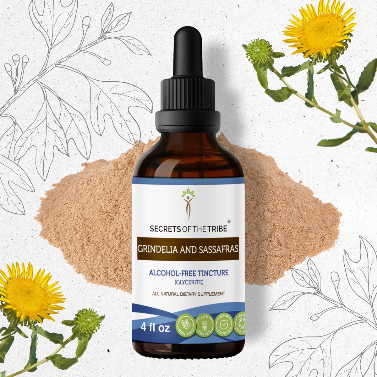 Secrets Of The Tribe Grindelia & Sassafras Tincture, Alcohol-Free Herbal Extract for Respiratory Support, Grindelia (Grindelia robusta), Sassafras (Sassafras officinale) Dried Root, 4 oz