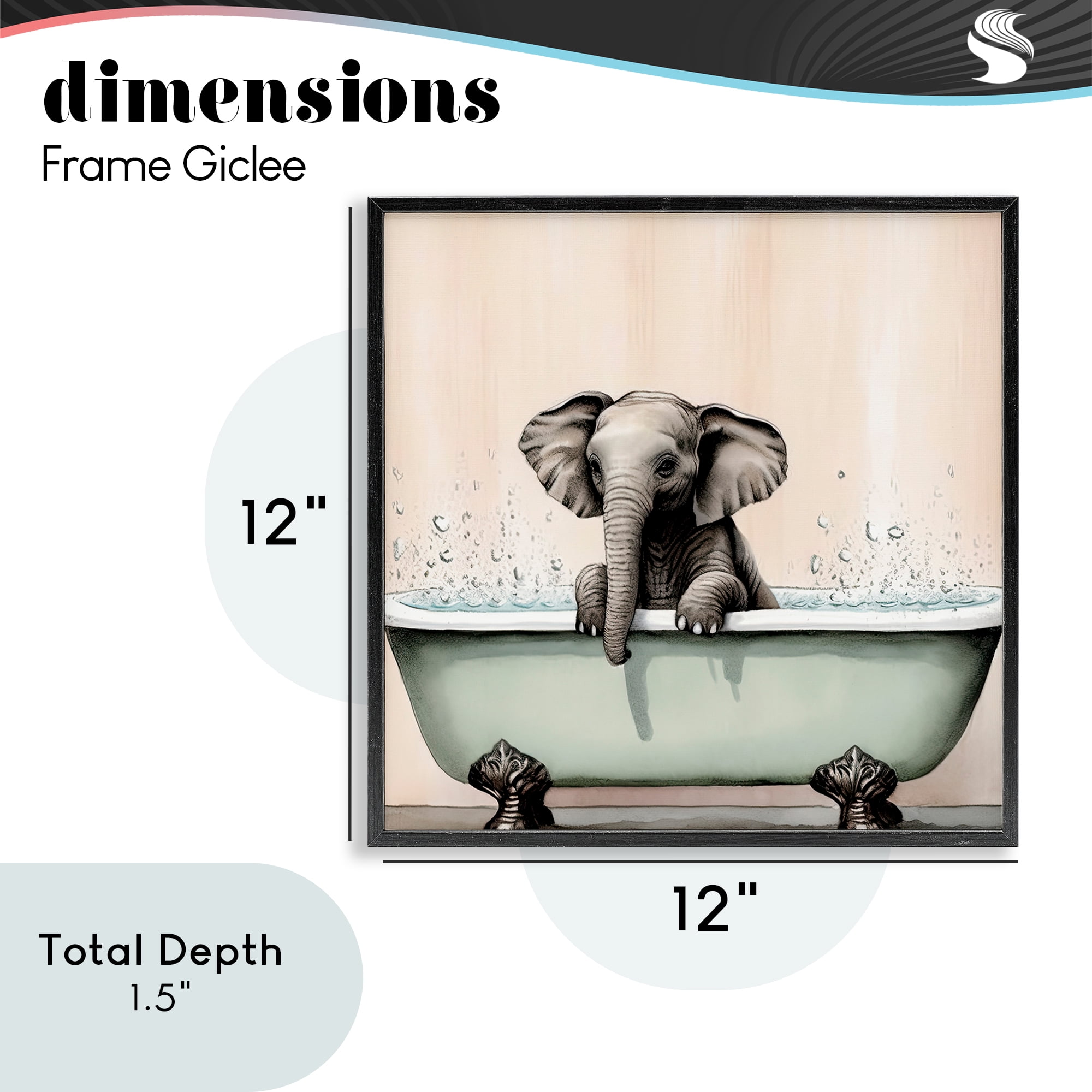 Baby Elephant Bathtime Black Framed Giclee Art, design by Sasha