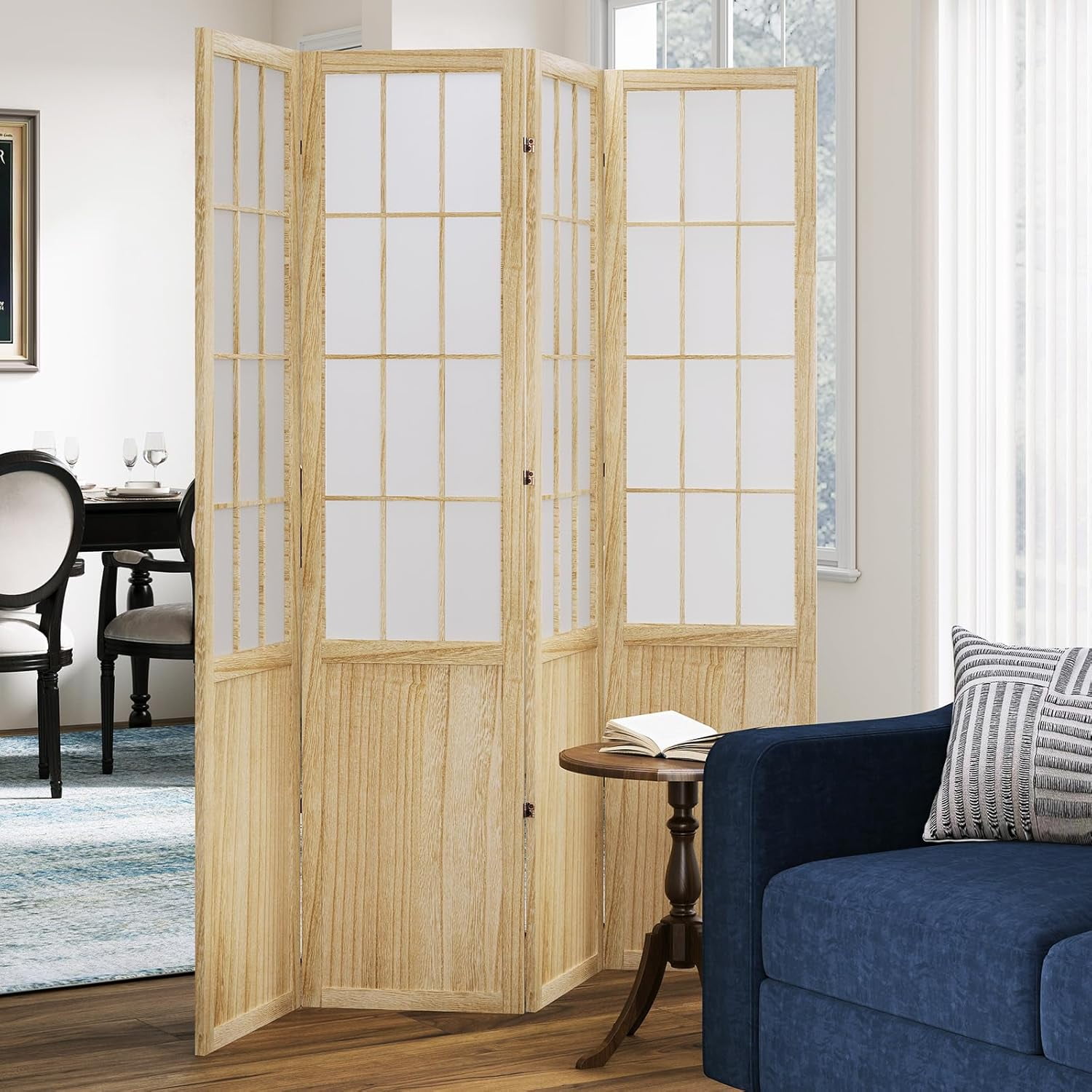 5.6FT Room Divider and Folding Portable Partition Screen, Chinese Japanese Shoji Style for Room Separation - 4 Panel (Natural)