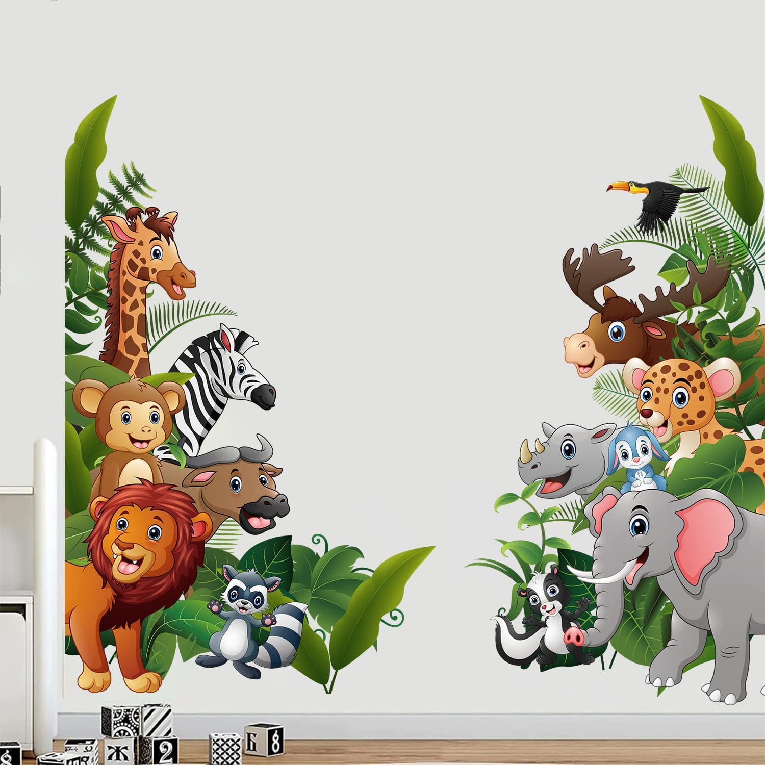 Jungle Animal Wall Stickers Cartoon Animal Wall Decal Elephant Monkey Giraffe Lion Wall Decor