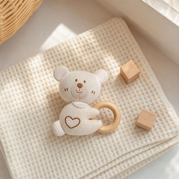 Plumora Wooden Ring Rattle & Teether Toy - Plush Stuffed Animal with Cotton Fabric, Car Seat Hanging Toy, Stroller Toy for Infants, Crib Hanging, Soft Grip, Encourages Sensory Exploration.