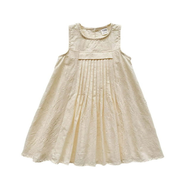 Robes Décontractées pour Filles, Été, Couleur Unie, Col Rond, Sans Manches, Coupe Ample, Robe d'Été Décontractée, Tenue de Plage, Beige, 5-6 Ans
