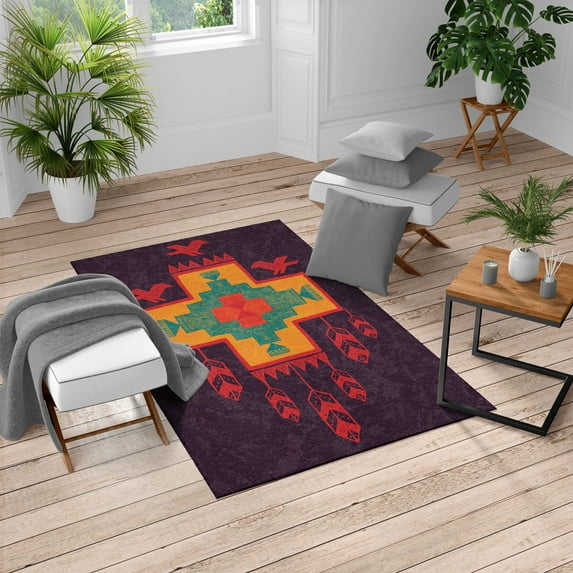 Tribal Turkish Area Rug, Hand Drawn Dreamcathcher Folkloric Birds Image Ethnic Ikat Design, Soft Carpet for Living Room Decor, 2.6' x 5', Dark Purple Pink, by Ambesonne