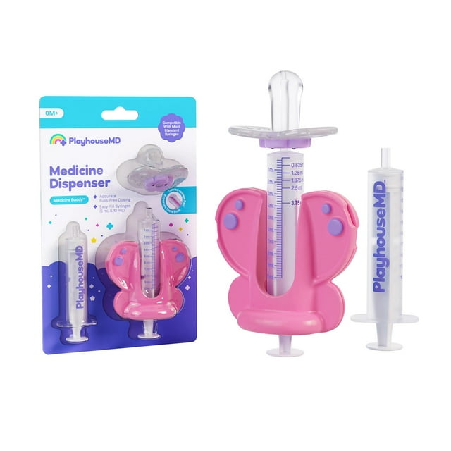 Dispensador de medicamentos Playhouse MD con forma de mariposa, jeringas de 5 ml y 10 ml