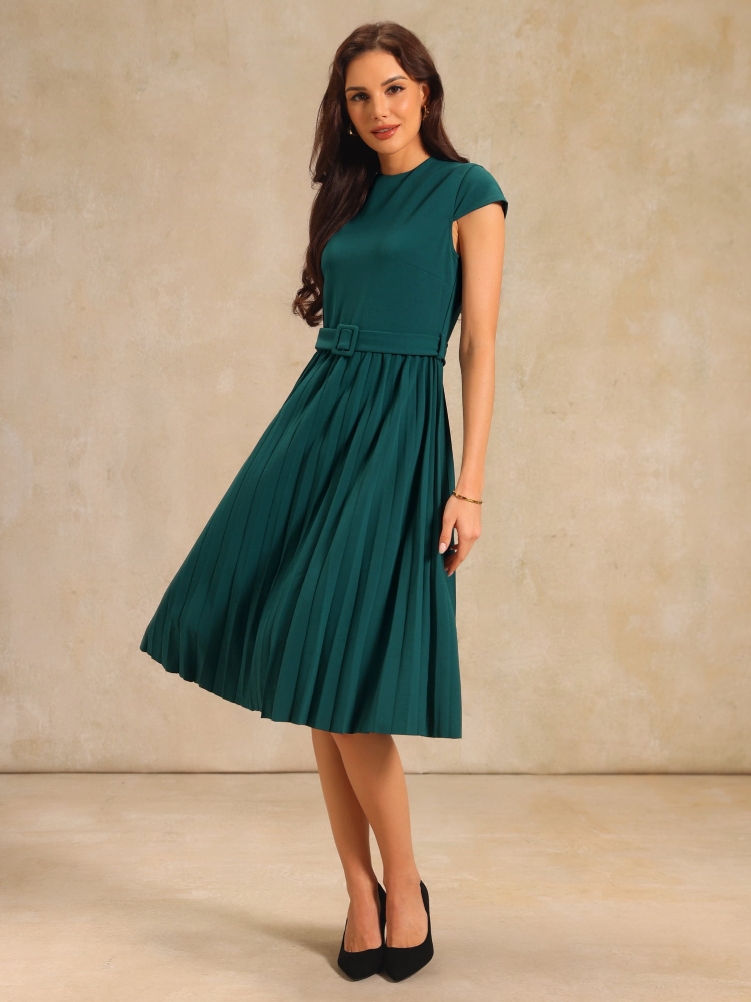 DARING DIVA Women's Mock Neck Cap Sleeve Belted A-Line Dress L Green