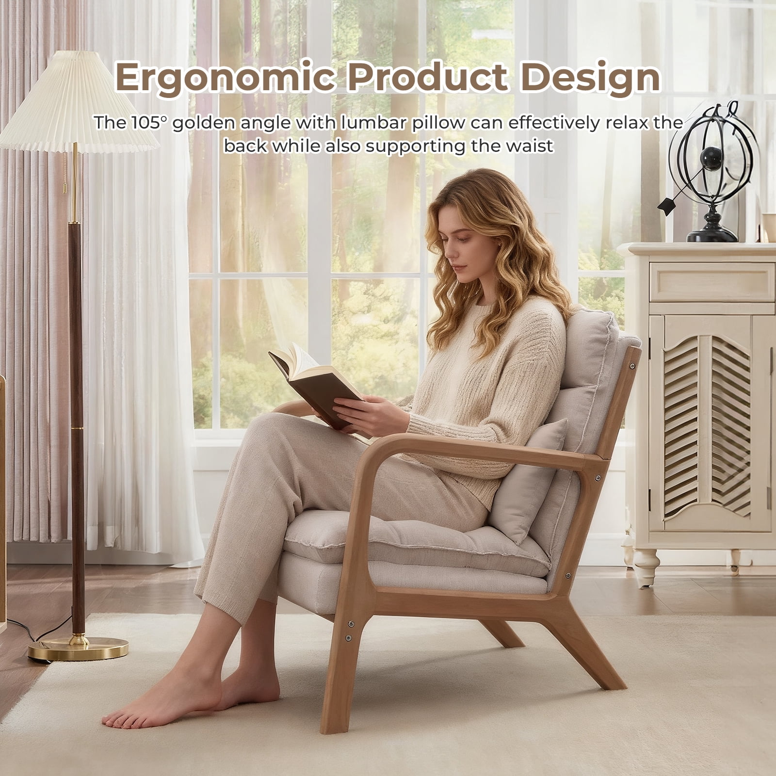 Ebello Mid Century Modern Accent Chair, Double-Padded Reading Armchair with Wood Frame & Lumbar Cushion for Living Room, Bedroom & Office, Beige