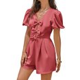 thumbnail image 3 of Summer Short Sleeve Women V-neck Solid Bow Front  Jumpsuit, 3 of 8