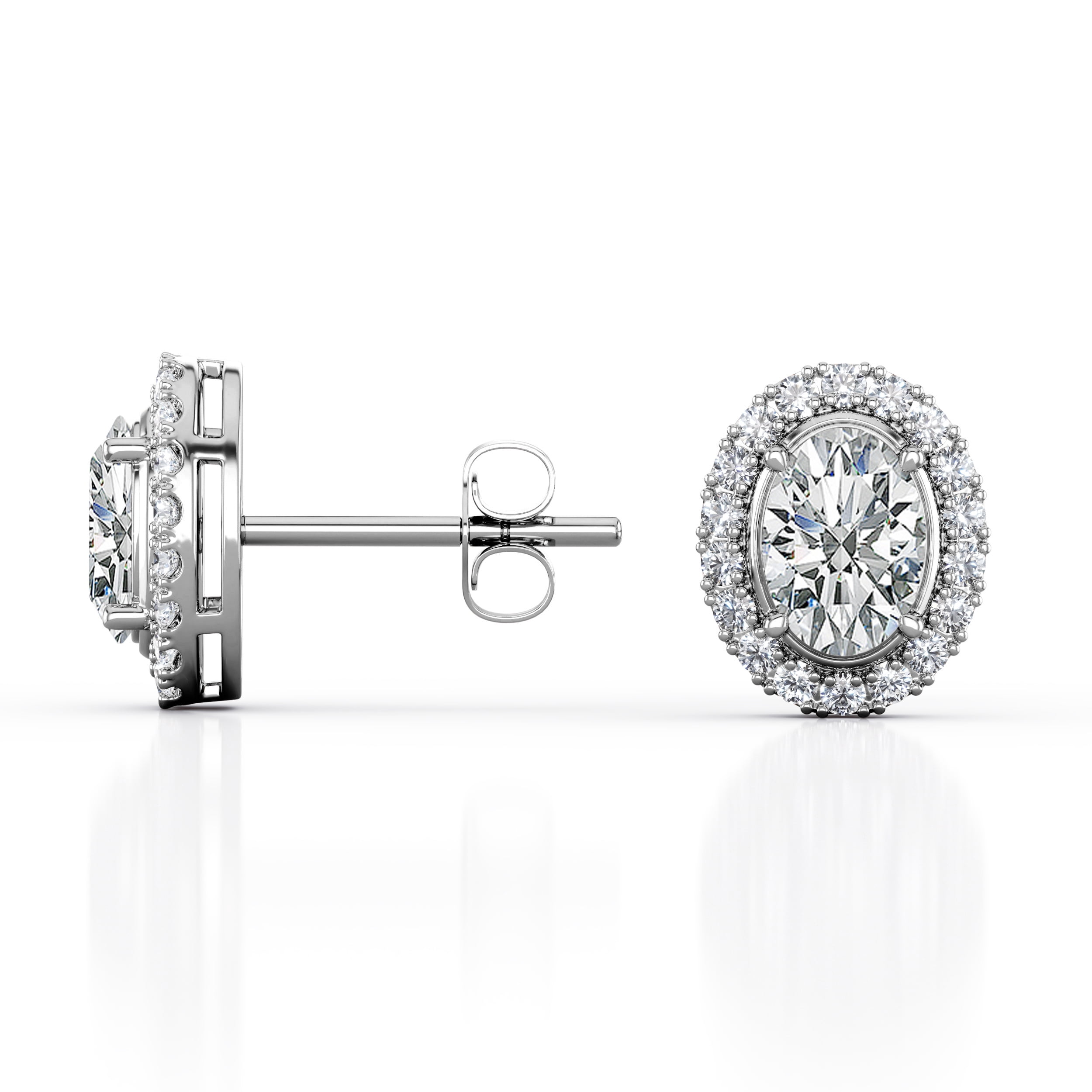 JeenMata 2.2 Carat Oval Cut Moissanite - Cluster Halo - Prong Set Stud Earrings - 18K White Gold Plating over Silver Plating over Silver