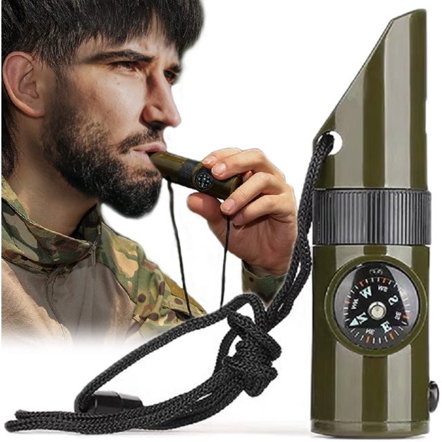 Silbato de supervivencia de emergencia, silbato 7 en 1 con LED, brújula y termómetro, silbato multifuncional con cordón para actividades al aire libre, montañismo, navegación y señalización JFHHH pequeña