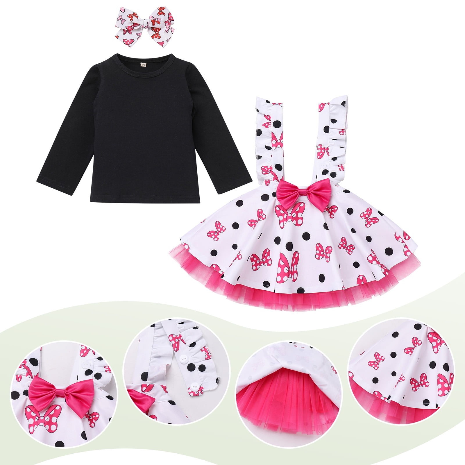 IDOPIP Baby Girls Mouse Birthday Outfit Shirt Overalls Skirt Headband 3-4 Years Black