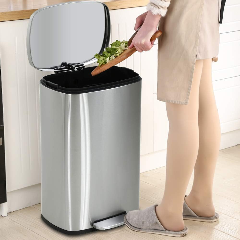 13 Gallon/50 L Garbage Can Kitchen Trash Can with Lid Stainless Steel Trash Bin for Office Bedroom Bathroom, Sliver