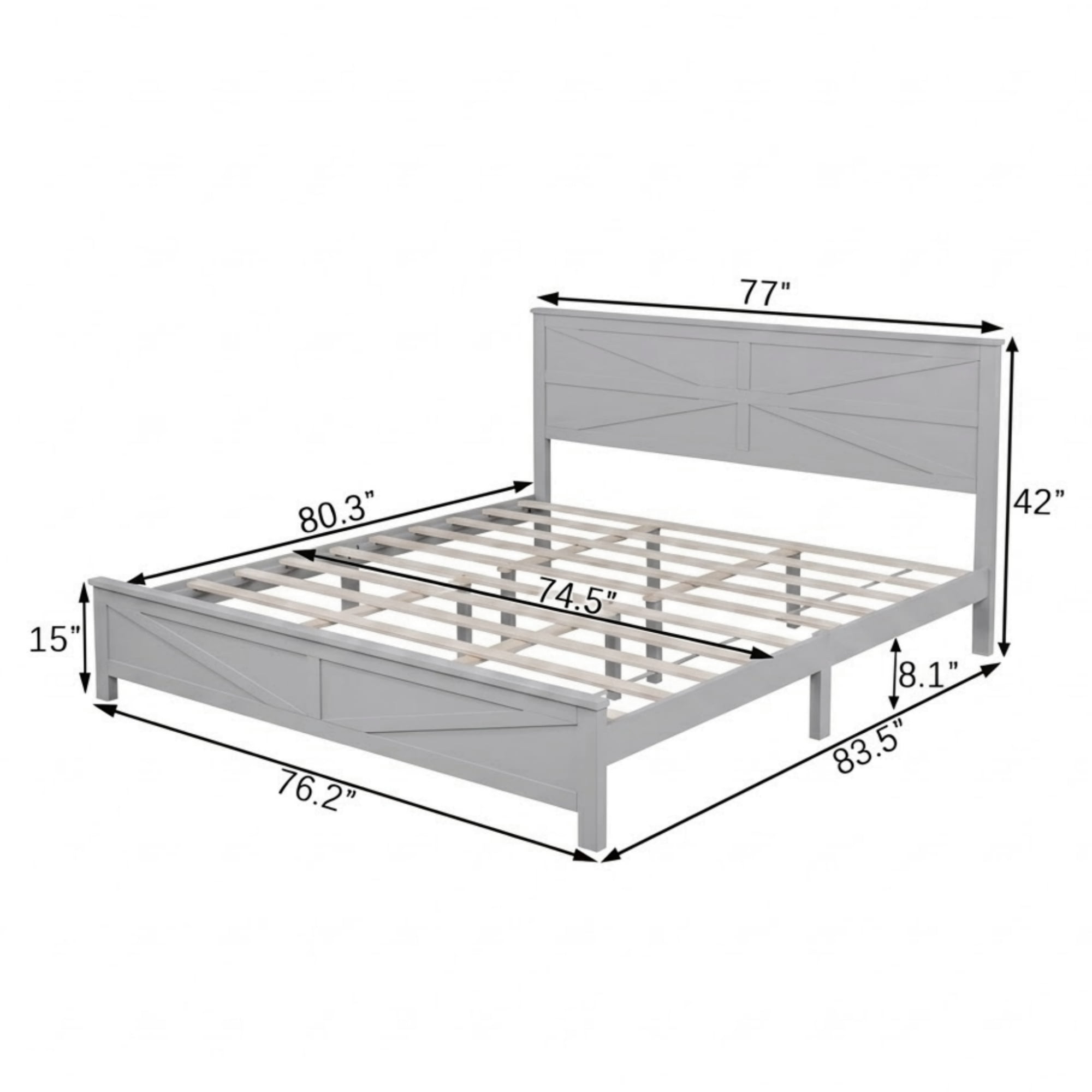 Mintazer Farmhouse King Size Platform Bed with Under-Bed Storage, Platform Bed Frame with Headboard & Footboard for Bedroom, Grey