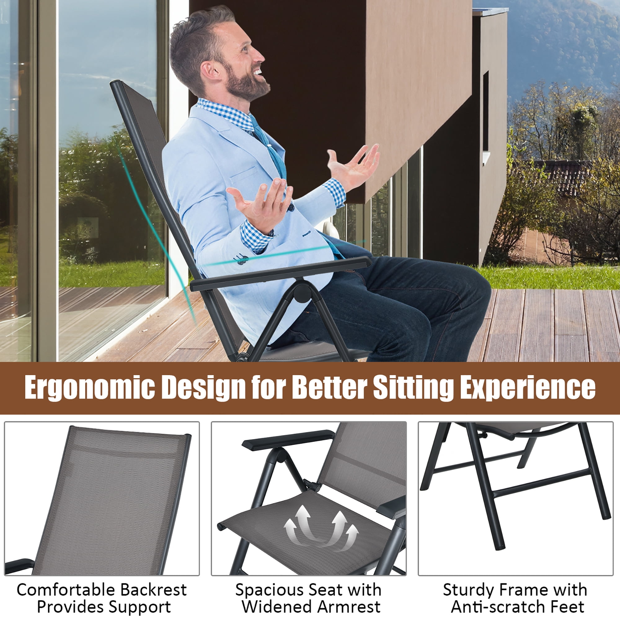 Costway 4PCS Patio Folding Dining Chairs Aluminium Adjustable Back Gray