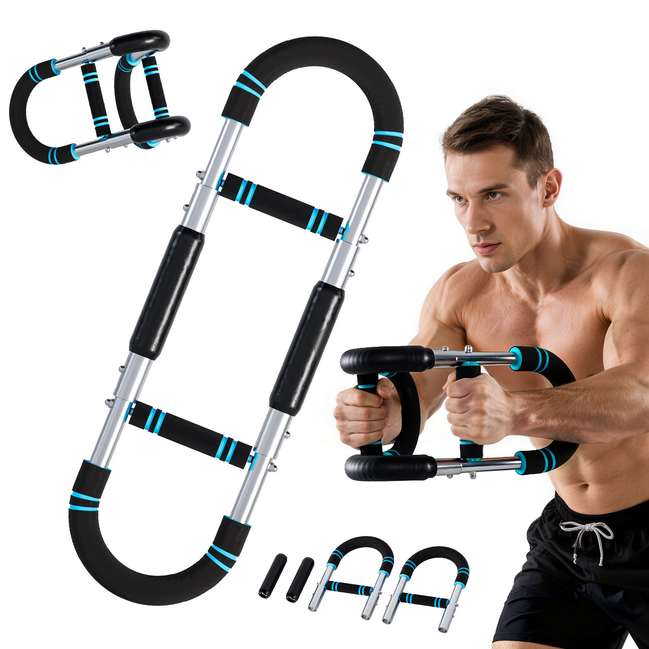 Adjustable Arm Chest Trainer for Men & Women – Max Adjustable Resistance 66lbs, Portable Home Gym Workout Equipment for Arm, Grip Strength & Forearm Training，White+Blue
