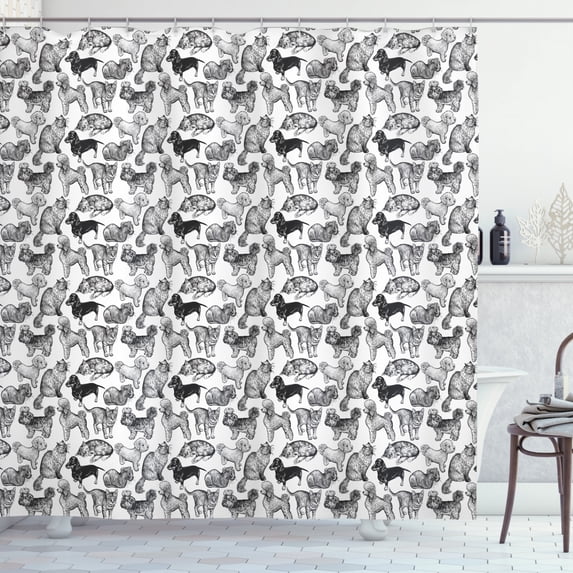 Ambesonne Dog and Cat Shower Curtain, Various Animal Breeds, 69"Wx75"L, Charcoal Grey and White