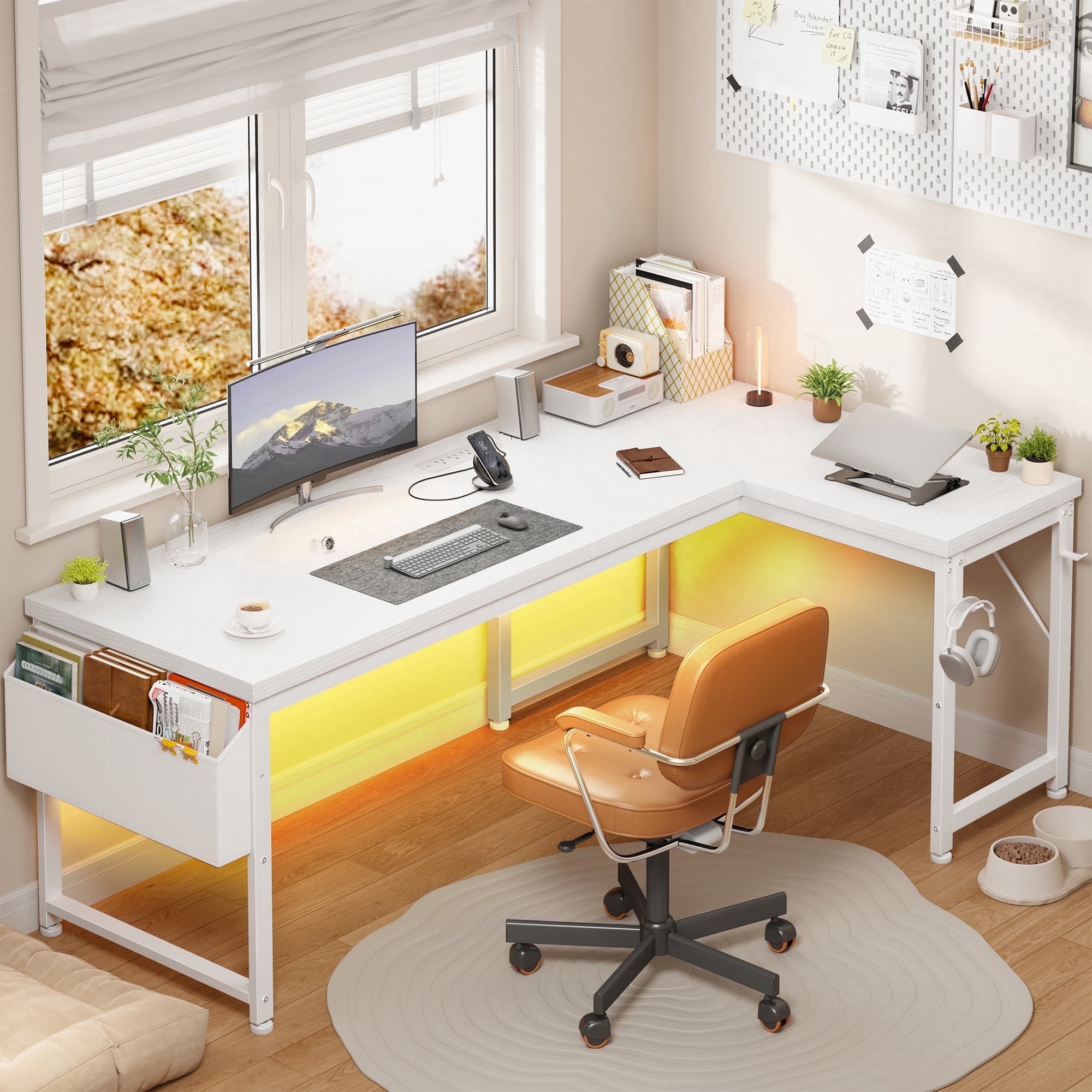 EnHomee Computer Desk with Storage Reversible Gaming Desk with Outlets L-Shaped Desk with LED Lights,White