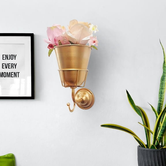 Wall-Mounted Metal Vase Holder with Brush Hook, Gold Finish, Decorative Flower Container,wall vase with hook
