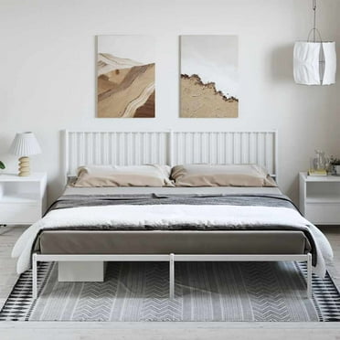 vidaXL White Metal King Bed Frame with Headboard, Under-Bed Storage, Heavy-Duty, No Mattress