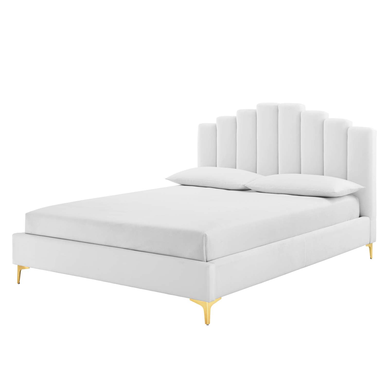Platform Bed Frame, Queen Size, Velvet, White, Modern Contemporary