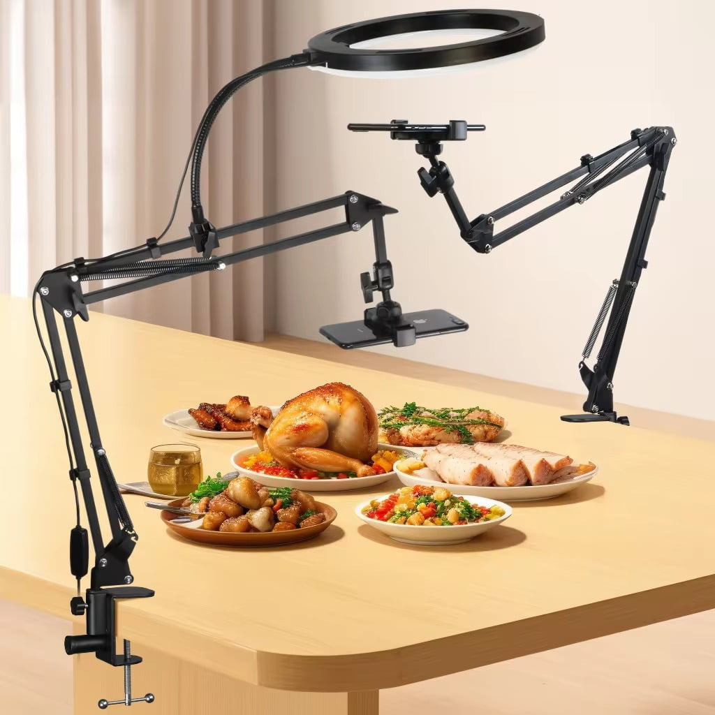 Upgrade Overhead Camera Phone Mount, 10" Desk Ring Light for Computer, Overhead Tripod Phone Mount for iPhone Live Streaming/Laptop Conference/Chat/Makeup/YouTube/Tiktok/Vlog