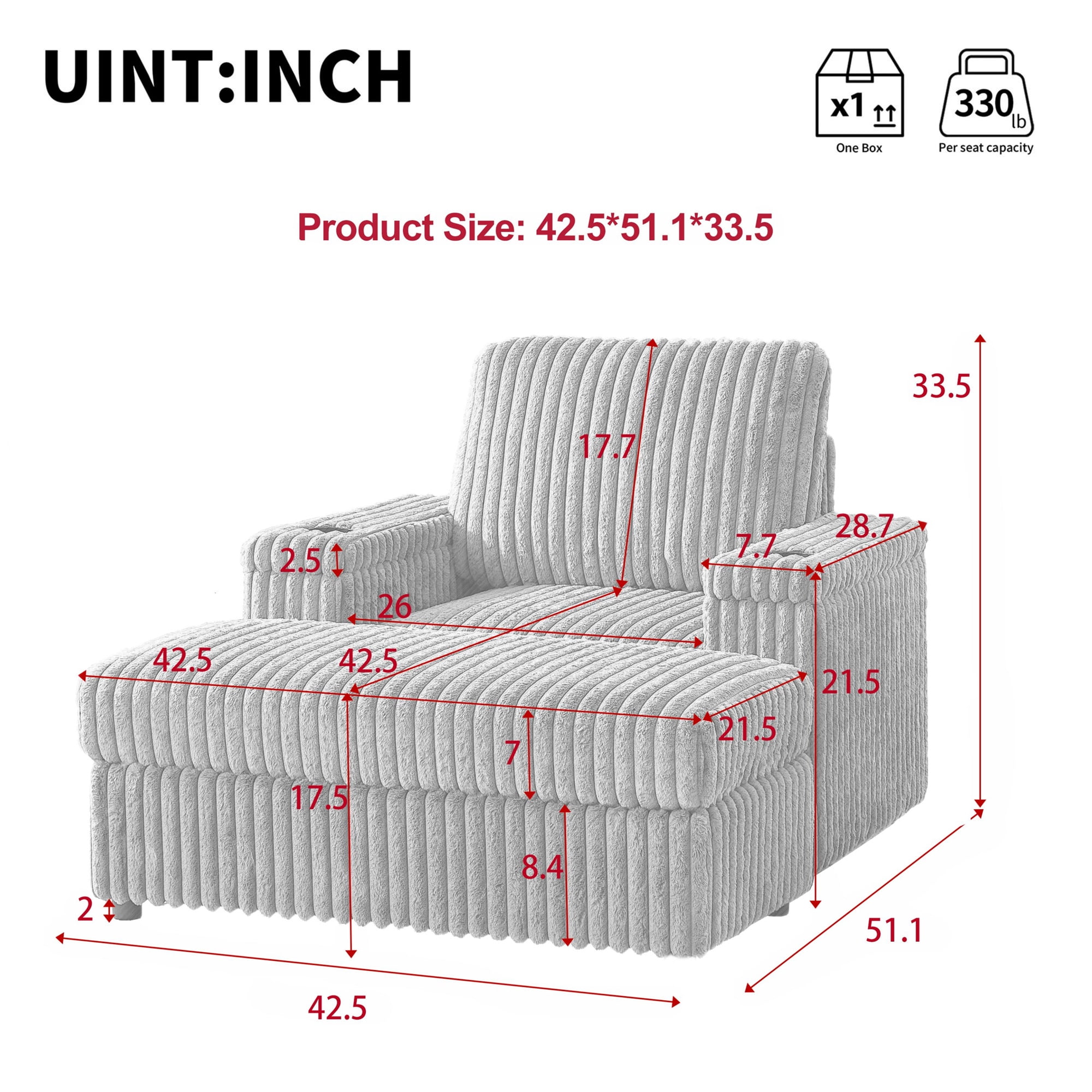 Aukfa 43" Corduroy Chaise Lounge w/ 2 Cupholders, Storage Bench & Arm, Plush Chair Bed, Beige