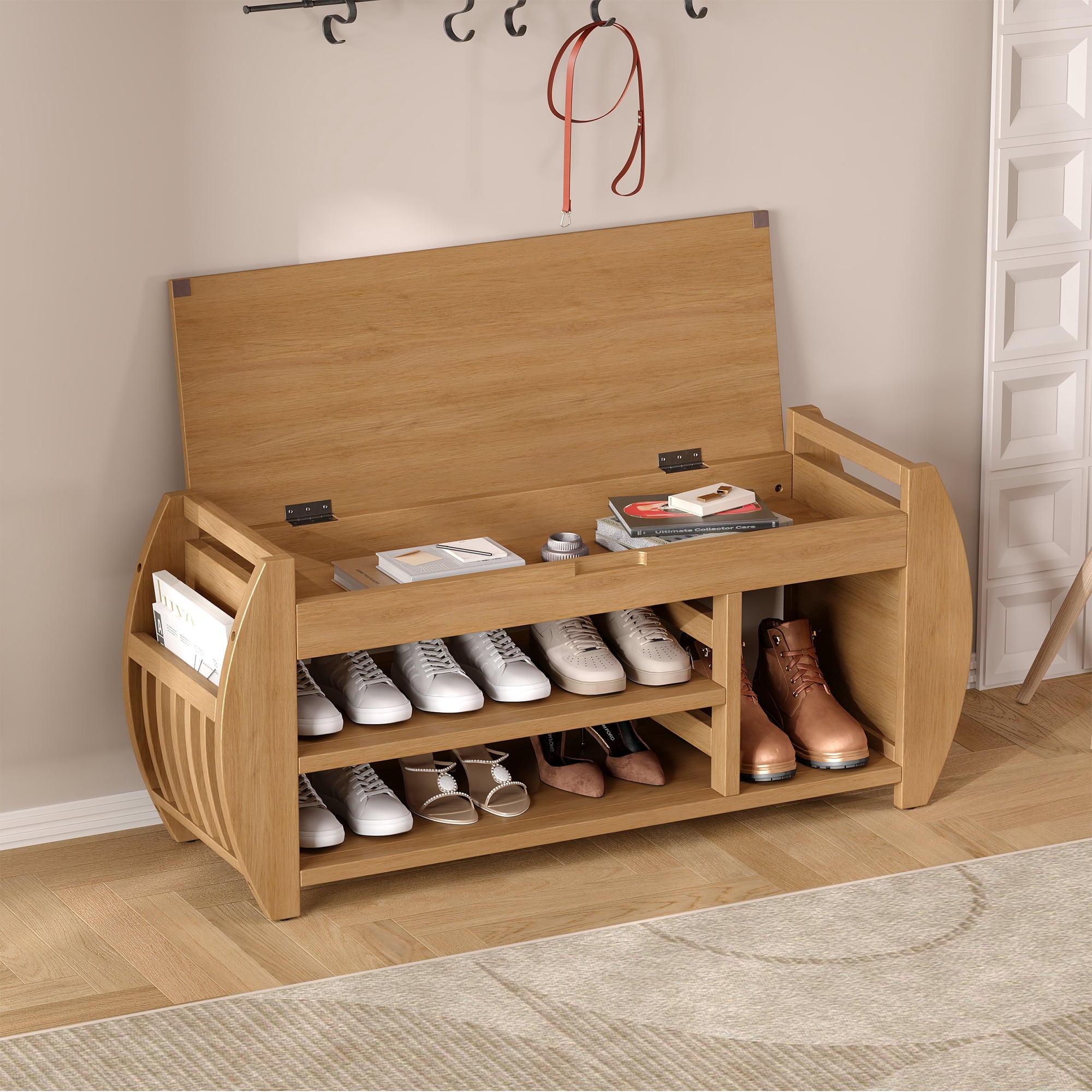 MAYEERTY Shoe Storage Bench with Cushion and Curved Side, Retro Multifunctional Panel for Entryway, Natural