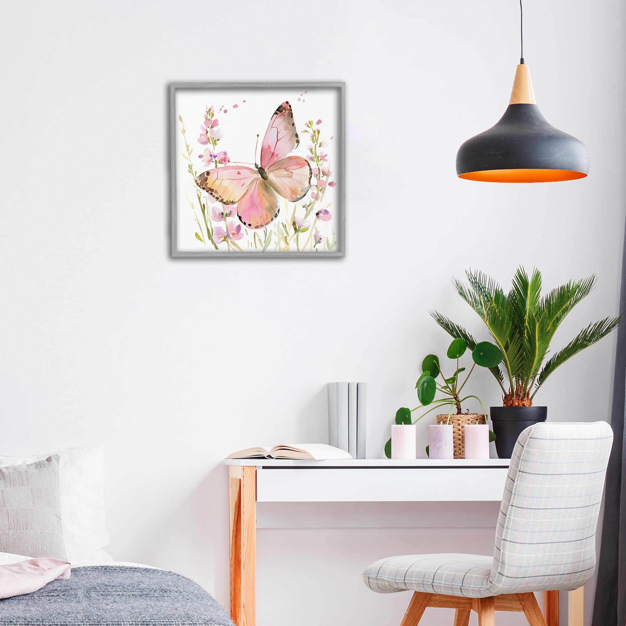 Stupell Industries Colorful Spring Butterfly Pink Gray Framed Giclee Art, design by Creative Studio
