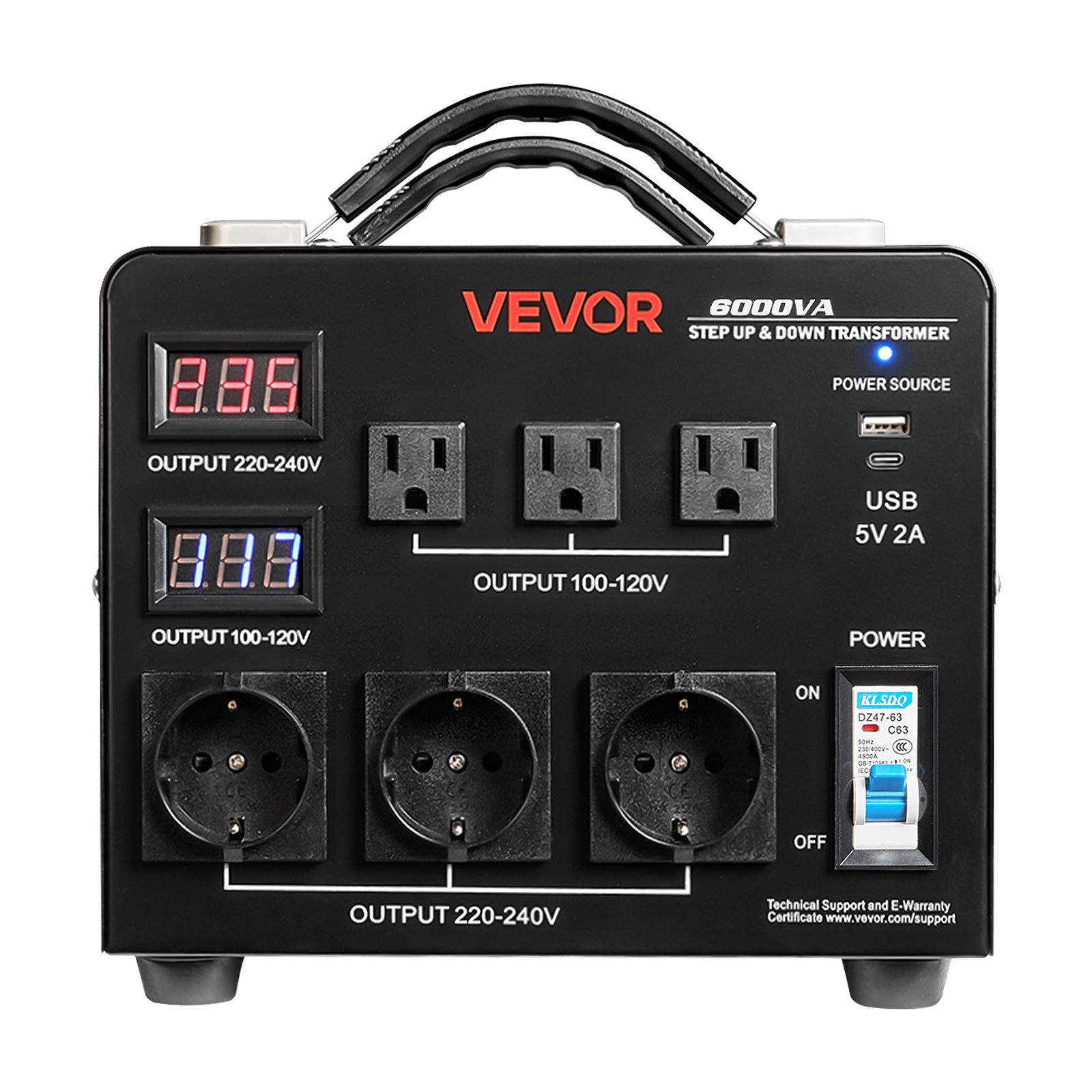 VEVOR Voltage Auto Converter Transformer, 6000W, Heavy Duty Step Up/Down Power Transformer, 110V to 220V and 220V to 110V, with 3 US Outlets, 3 EU Outlets, LCD Display, Circuit Breaker Protection