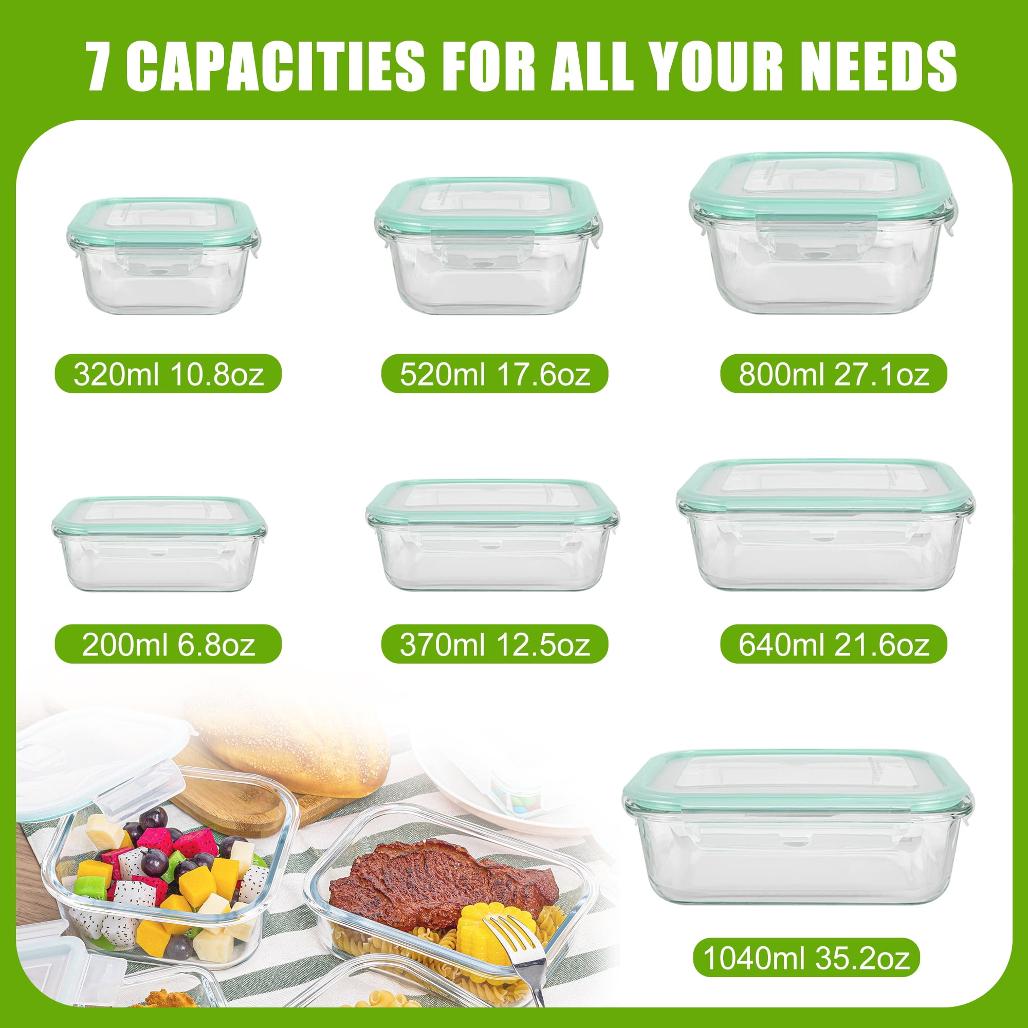 Glass Food Storage Containers with Lids, 7 Pack Airtight Meal Prep Containers Glass, Tupperware Set, Microwave/Oven/Freezer/Dishwasher Safe Lunch Box