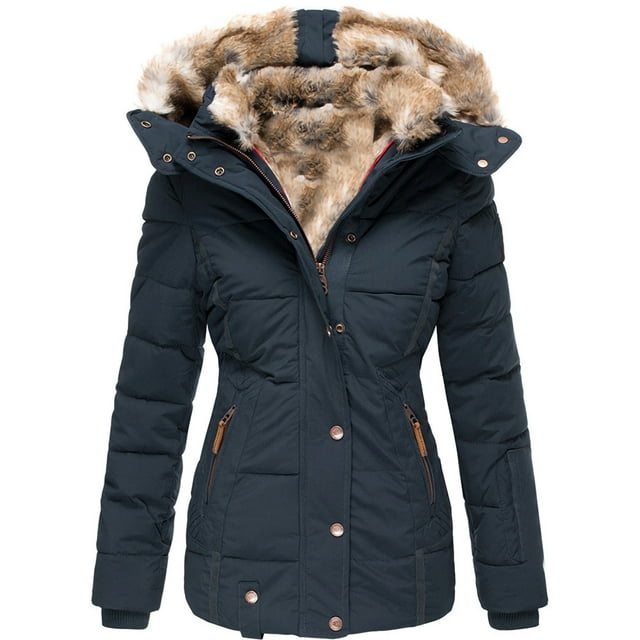 Fashnice Women Coat Solid Color Outwear Front Zip Thickened Jacket Slim Fit Work Hooded Coats Dark Blue M
