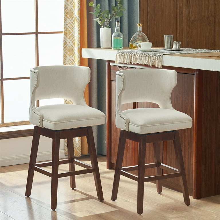 Swivel Counter Height Bar Stools Set of 2 Modern Linen Upholstered Bar Chairs with Nailhead Trims Solid Wood Legs Footrest Hollow Back Comfy Dining Chairs with 360 Swiveling for