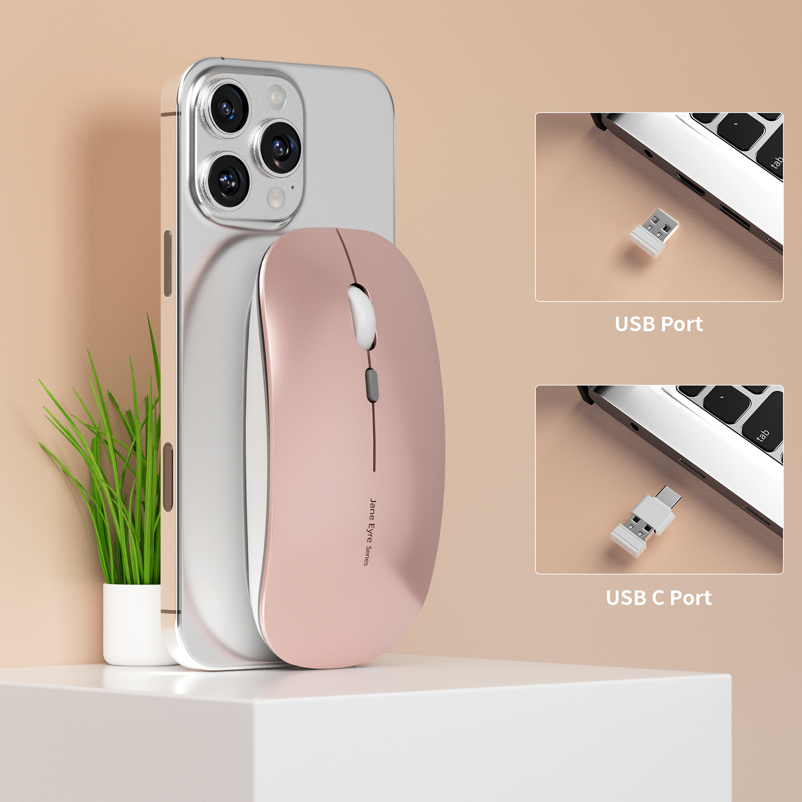 Uciefy Wireless Optical Mouse, Rechargeable, Rose Gold photo 3