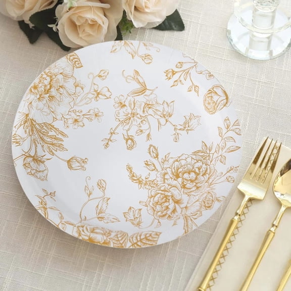 25 White Gold 9 in Disposable Salad Dinner Paper Plates French Toile Party Supplies