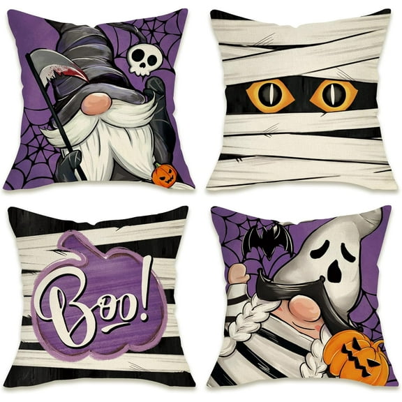 Halloween Gnome Boo Decorative Throw Pillow Covers 18 x 18 Set of 4, Mummy Jack O Lantern Pumpkin Purple Porch Patio Outdoor Pillowcase, Funny Holiday Sofa Couch Cushion Case Home Decor