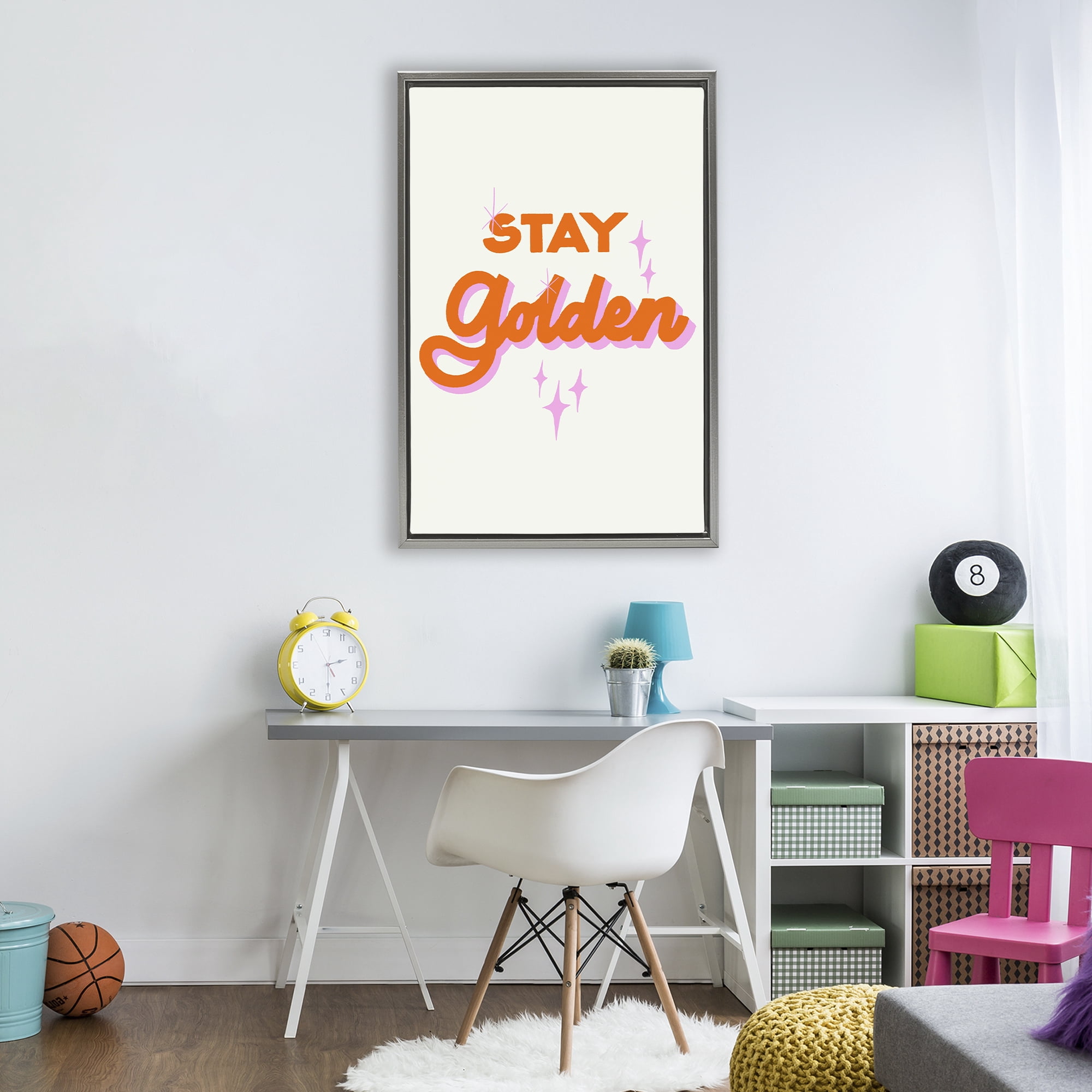 Stupell Industries Stay Golden Retro Letters Gray Framed Floater Canvas Wall Art, design by Indira Prieto | IndySign