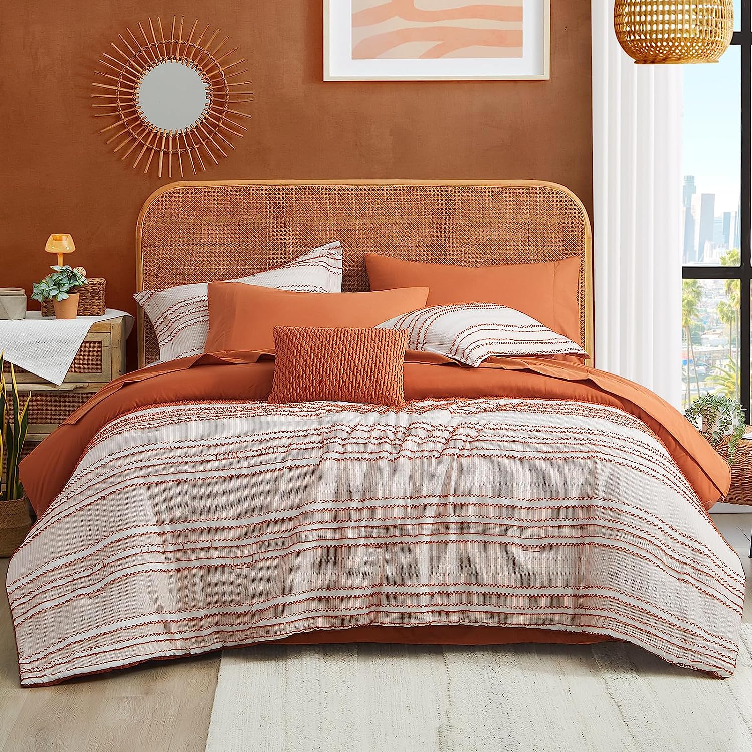 Boho style Jacquard King Comforter Set, Terra Cotta 8 Pieces, Cozy