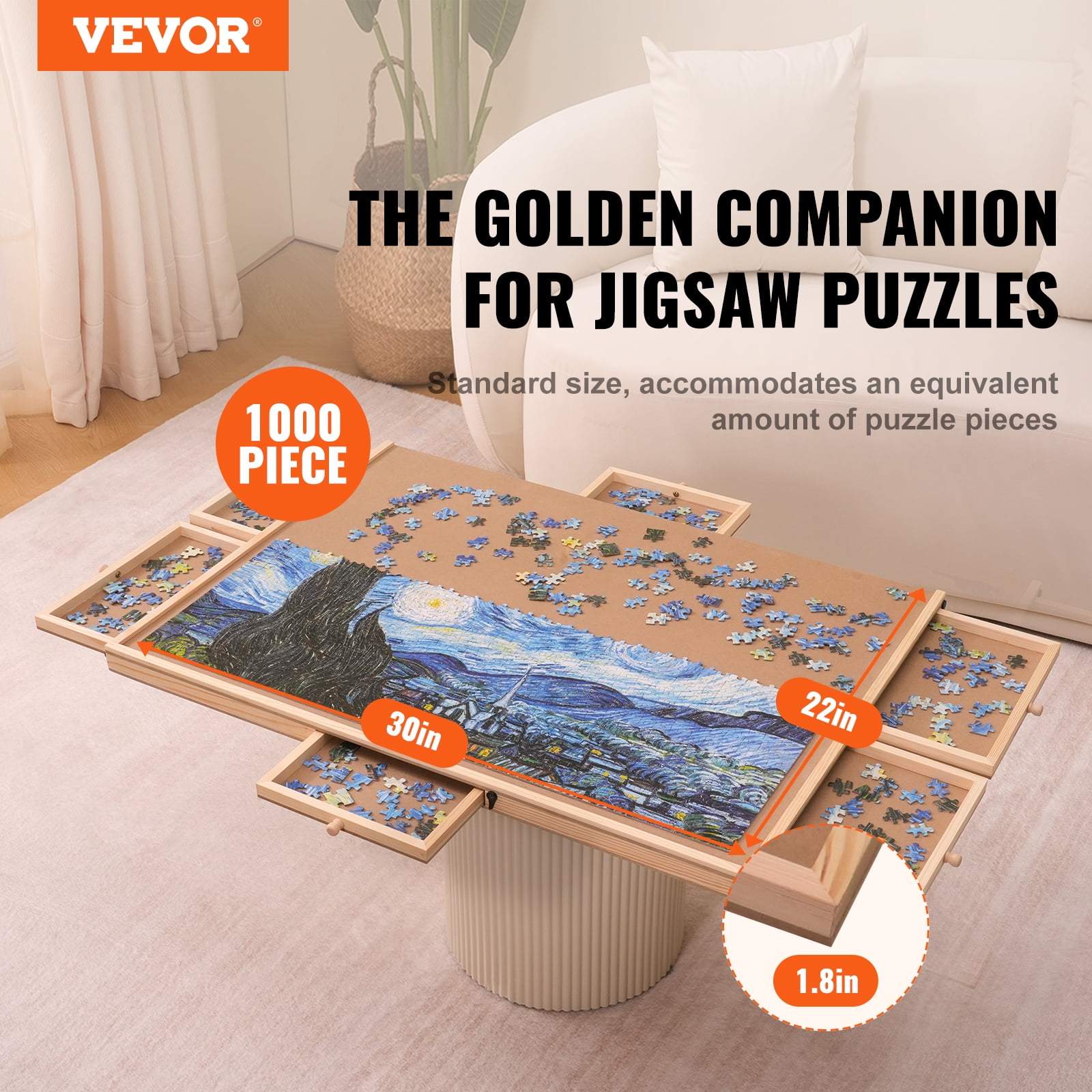 SKYSHALO Pine 1000 Piece Puzzle Board, Portable Puzzle Table w/ Storage Drawers, 30"x21.6" Rotating Wooden Jigsaw Puzzle Plateau for Adults & Kids & Elder