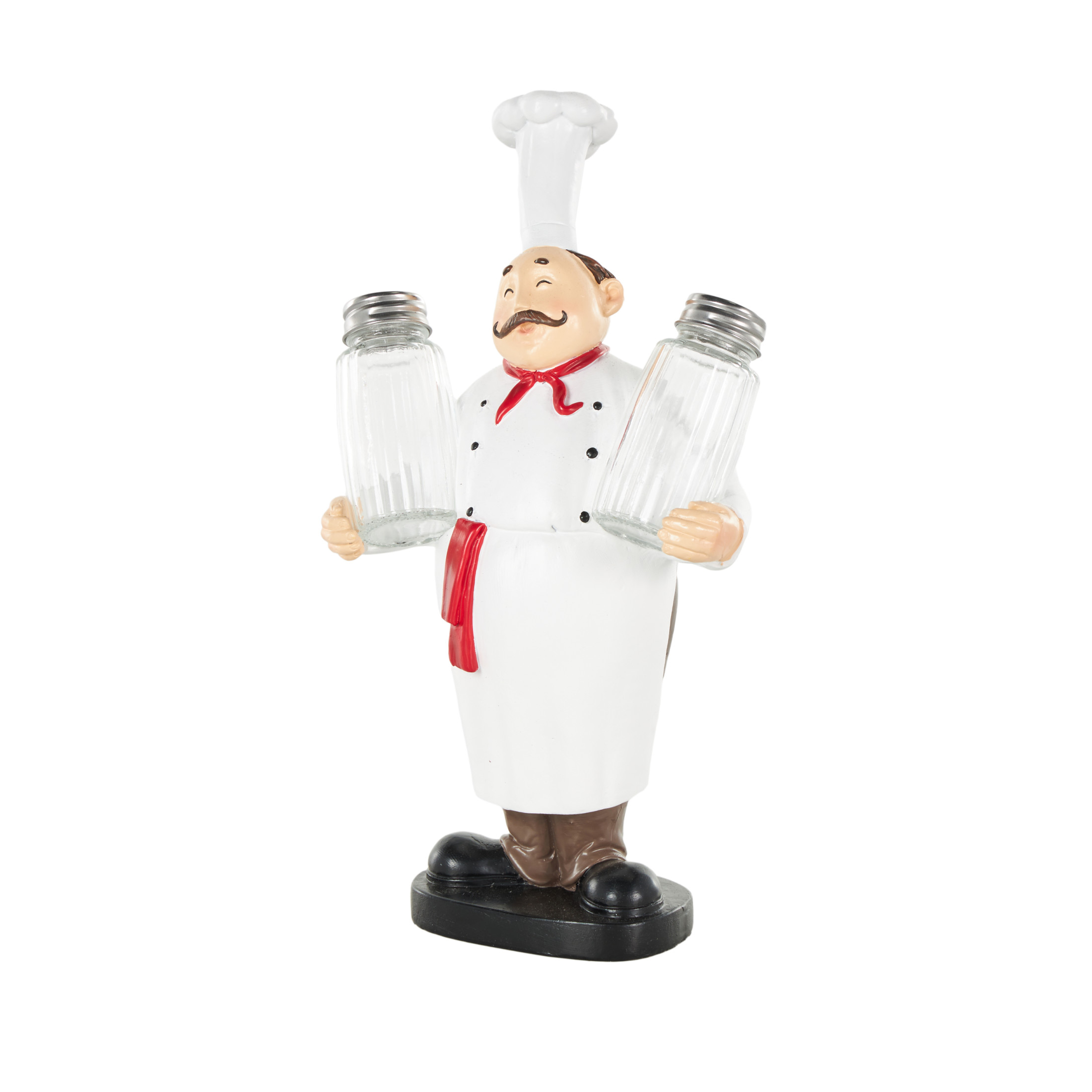 Chef 11.0" Polystone Kitchen Decorative Figurine Salt and Pepper Shaker Holder with Red Accents, by DecMode